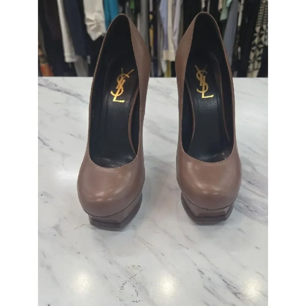 Yves Saint Laurent Brown Leather Platform Stiletto Pumps